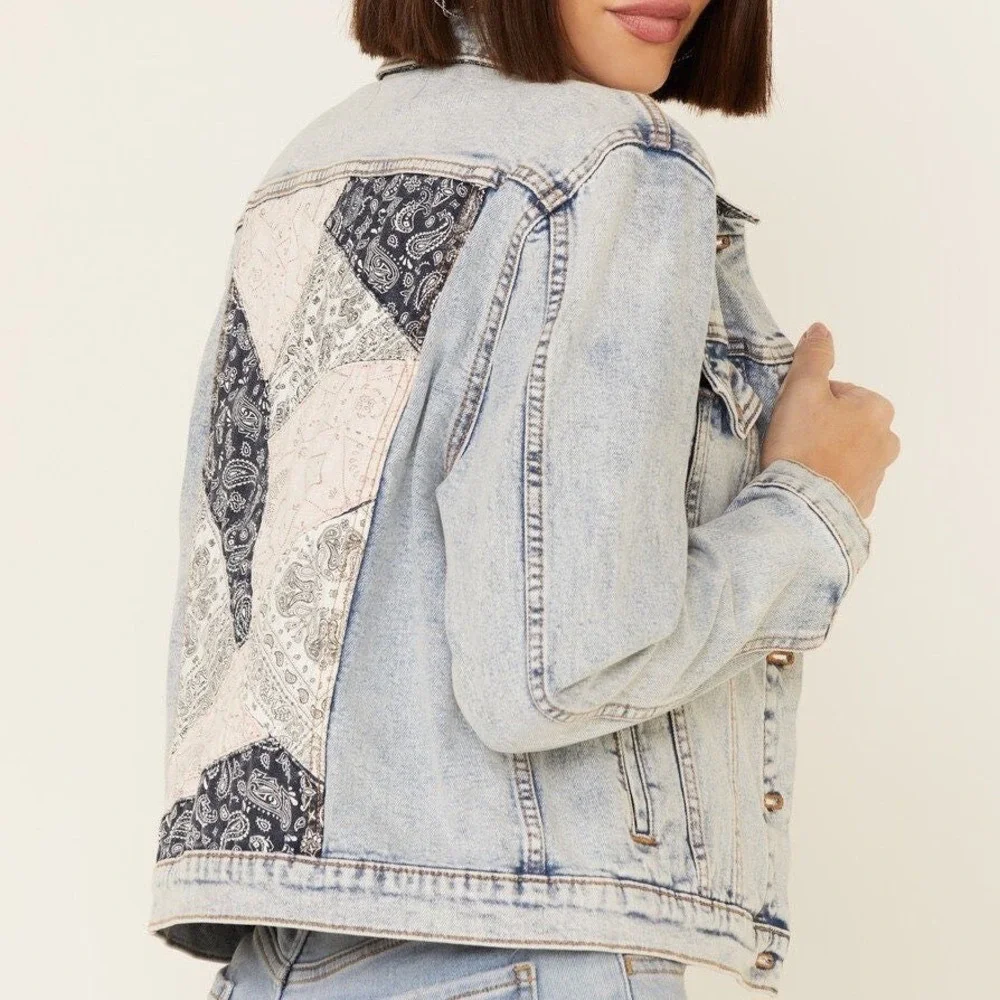 Free People X Driftwood NWT Patchwork Blue & Pink Denim Jean Jacket Size Large - Picture 1 of 11